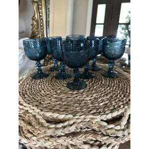 Set Of 8 Tiara Colonial Blue Indiana Sandwich Wine Goblets - Never Used